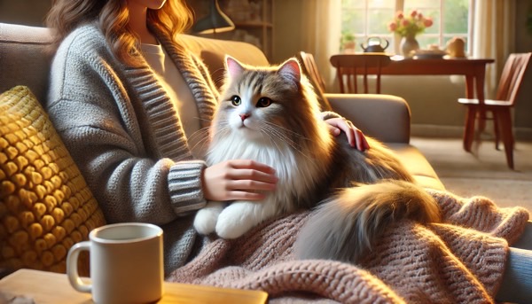 飼い主の膝の上で安心してくつろぐ猫のスキンシップによる分離不安対策