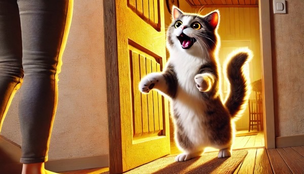 飼い主の後を追ってドアの前で待つ猫の甘えた後追い行動