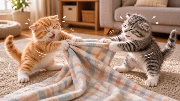 お気に入りの毛布を取り合いながら自己主張する子猫たち