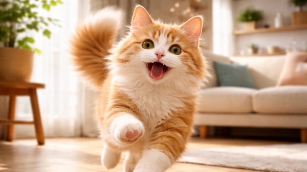 飼い主に向かって嬉しそうに駆け寄ってくる茶トラ猫の後追い行動