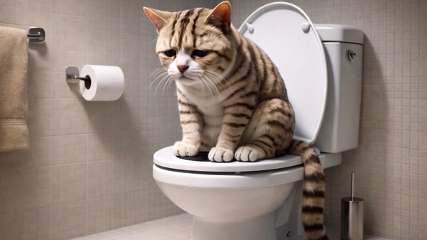 トイレに座り込み様子がおかしい、排泄トラブルが疑われる猫の様子