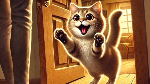 飼い主を見つけてドアの前で嬉しそうに迎える猫の様子