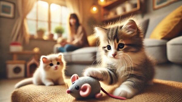 おもちゃで遊ぶ子猫たち 飼い主が見守る安心できる環境