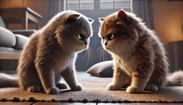 2匹の猫が睨み合い威嚇している相性が悪い多頭飼いによるストレスの場面