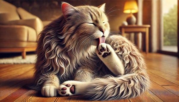 過剰グルーミングをする長毛猫 ストレスによる行動の一例