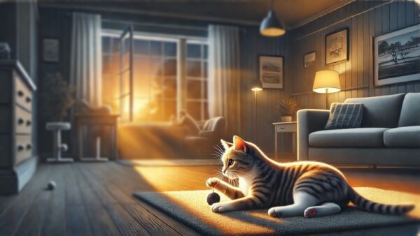 リビングでおもちゃを使って遊ぶ猫 ストレス発散と留守番トレーニングのイメージ