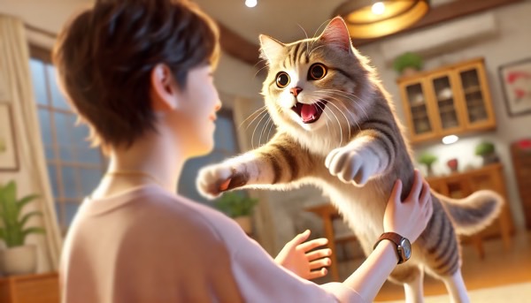 帰宅した飼い主に嬉しそうに飛びついて甘える猫の分離不安による再会シーン