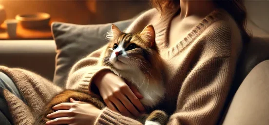 飼い主の腕の中で安心してリラックスする猫 分離不安との対比シーン