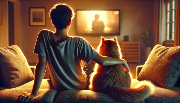 テレビを見ながら飼い主の隣で寄り添って座る猫の安心した様子