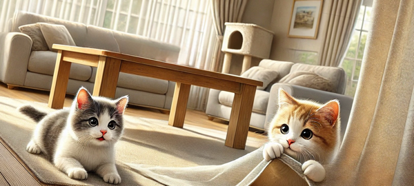 カーテンの陰から様子をうかがう子猫と床で見守る子猫の好奇心と安心が混ざった多頭飼いの様子