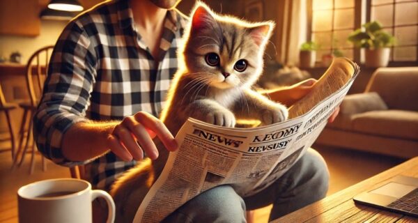 新聞を読む飼い主の上に乗って構ってほしいアピールをする猫