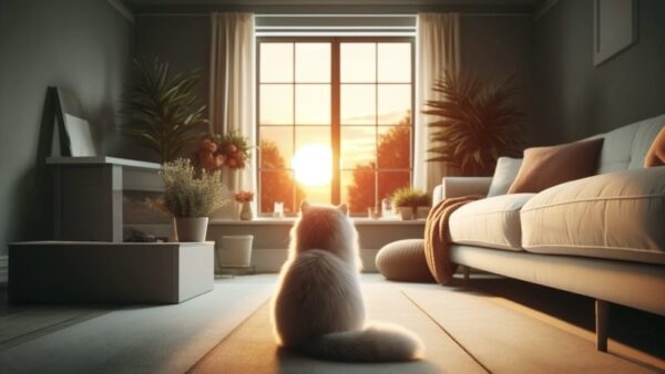夕方の部屋で窓を見つめる猫 留守番中の静かな時間のイメージ