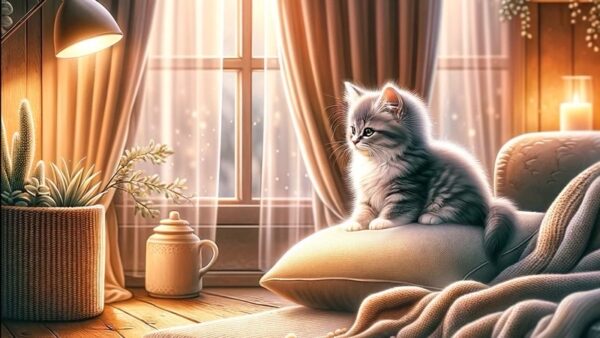 窓辺のクッションでくつろぐ子猫 落ち着ける居場所づくりのイメージ