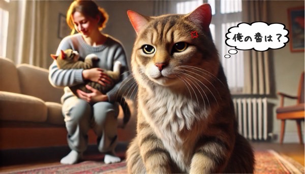 他の猫を撫でる飼い主を見て不満そうな表情をする猫の様子