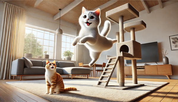 キャットタワーでジャンプして遊ぶ猫と見守る猫の多頭飼いでの運動と刺激