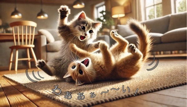 2匹の猫がじゃれ合いながら遊びストレス発散している多頭飼いのメリット