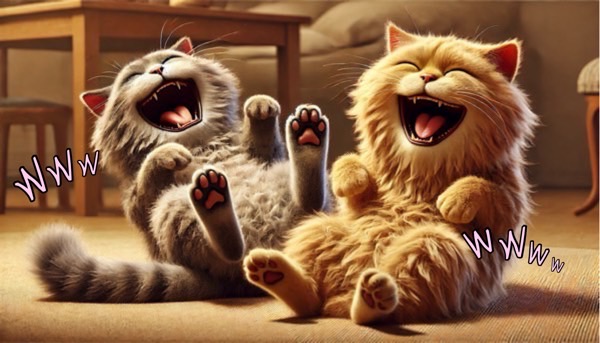 仲の良い2匹の猫がリラックスして一緒に寝転び笑っている安心できる関係性