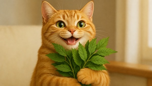 またたびの葉を抱えて笑顔になる猫　大好物に夢中になる様子