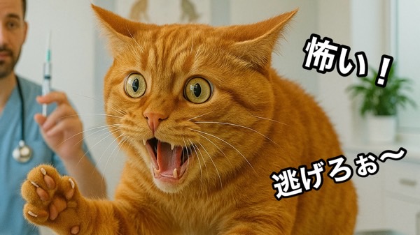 注射器から身を引いて怖がる茶トラ猫