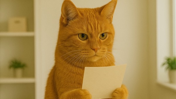 登録証の紙を両手で持つ茶トラ猫