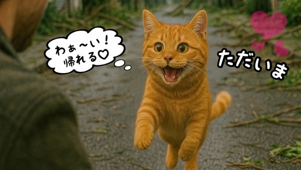 飼い主に向かって嬉しそうに駆け寄る茶トラ猫