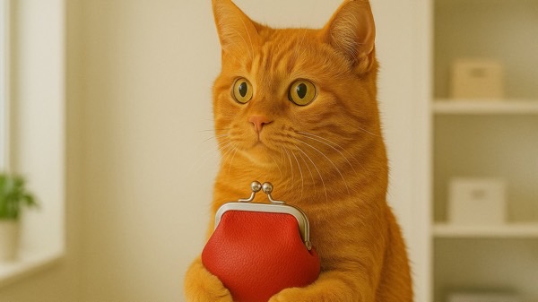 赤いがま口財布を抱えて費用を気にするような表情の茶トラ猫