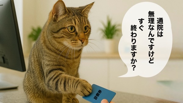 受付カウンターで診察券を差し出すキジトラ猫