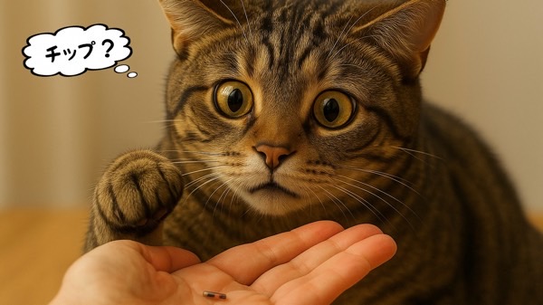 手のひらのチップを見つめるキジトラ