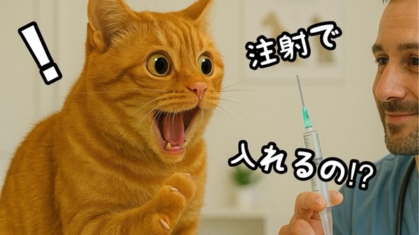 注射器を見て驚いた表情の茶トラ猫