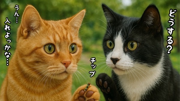 茶トラと白黒猫がチップの相談中