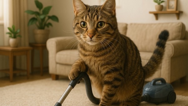 掃除機をかけながら清潔な環境を保つキジトラ猫