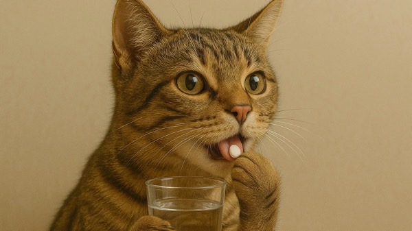 薬を飲む様子のキジトラ猫とコップの水