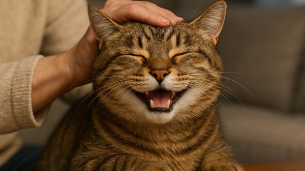 飼い主に撫でられて安心している猫、スキンシップによるストレス軽減の様子