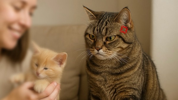 子猫を抱く飼い主を見て嫉妬する先住猫、多頭飼いや環境変化によるストレス