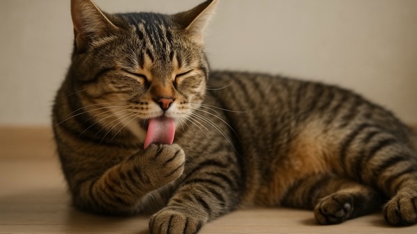 前足を舐め続ける猫、ストレスによるグルーミング行動の典型例