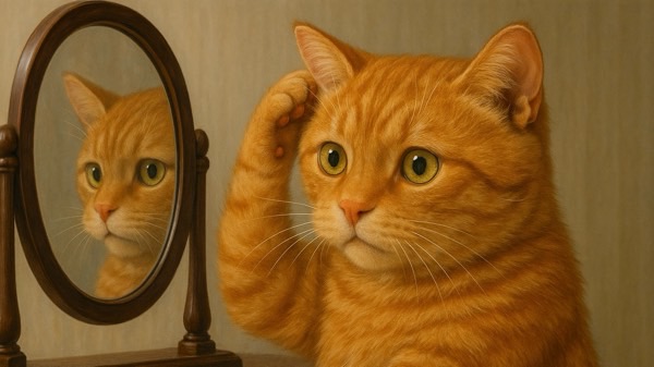 鏡を見ながら自分の顔まわりの毛並みを気にする茶トラ猫の様子