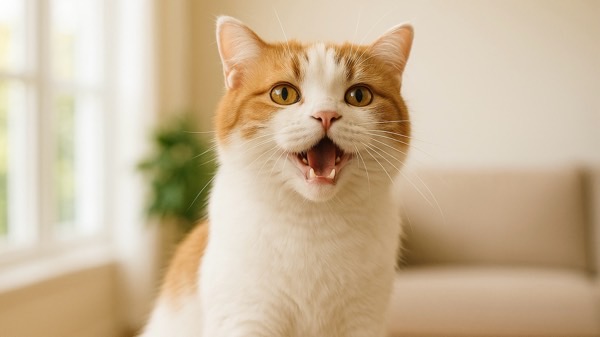 口を開けて鳴いている猫の様子、不安やストレスを訴えているイメージ