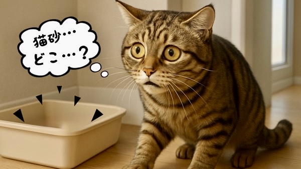 猫トイレの場所が分からず戸惑う猫、トイレ環境の変化によるストレスのイメージ