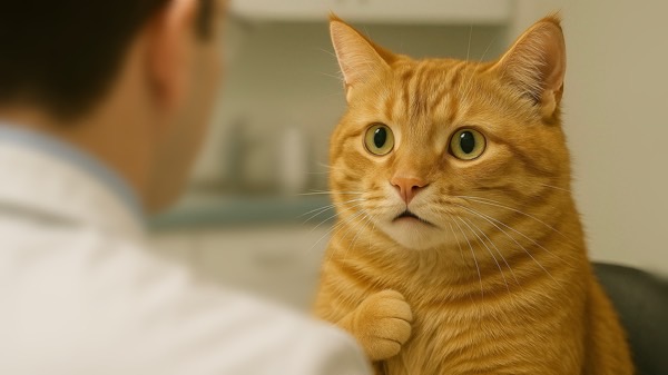 獣医師と向き合って診察を受ける猫、脱毛や被毛の異変について相談する受診シーンのイメージ