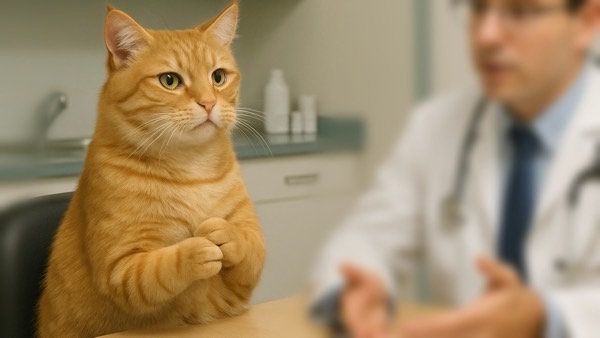 動物病院で診察を受けるため、医師の前に緊張して座る茶トラ猫