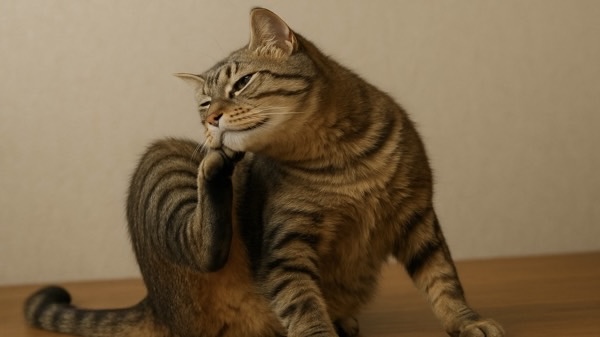 体をかきむしるように首元を掻く猫