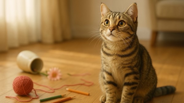 おもちゃが散らかった部屋で飼い主を見上げるキジトラ猫