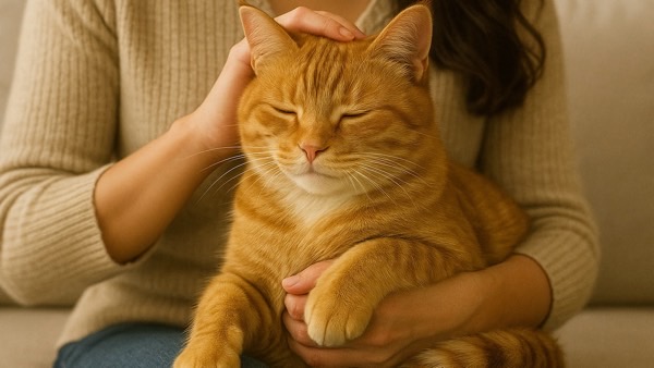 飼い主に優しく撫でられて気持ちよさそうに目を閉じる茶トラ猫