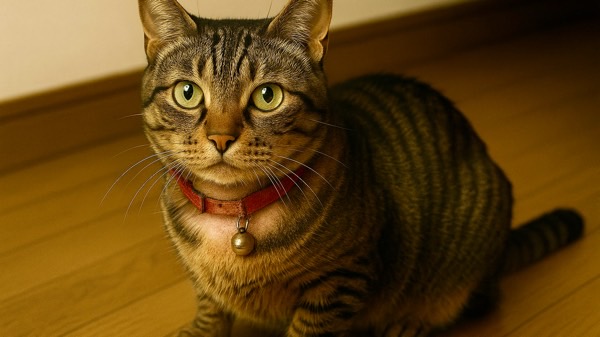 首輪をつけた猫が床に座る様子、首輪の接触や摩擦が猫の毛並みに影響する可能性を示すイメージ