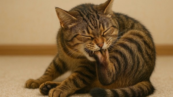 床の上に座って後ろ足を噛んでいる猫。足に痒みがある様子。