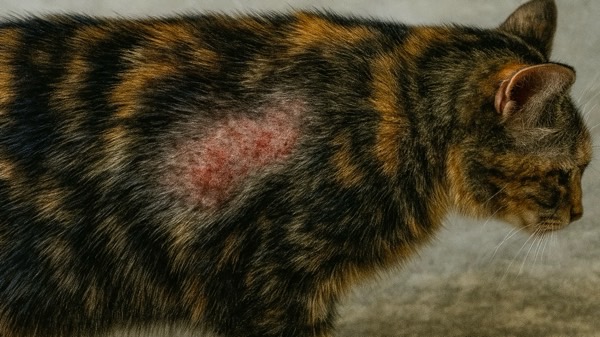 背中に赤い炎症と脱毛が見られる猫の皮膚トラブルの様子