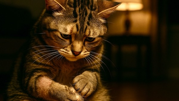 前足の毛が抜けて気にする様子のキジトラ猫、過剰グルーミングによる脱毛のイメージ