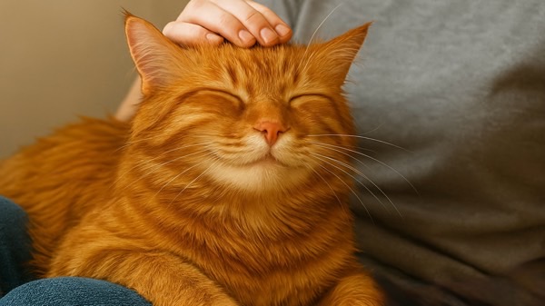 飼い主に頭を撫でられてリラックスする猫、日常的なスキンシップと被毛への物理的刺激を表したイメージ