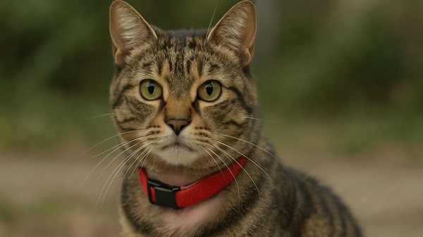 首輪をつけたキジトラ猫の首元の毛並みが薄くなっている様子