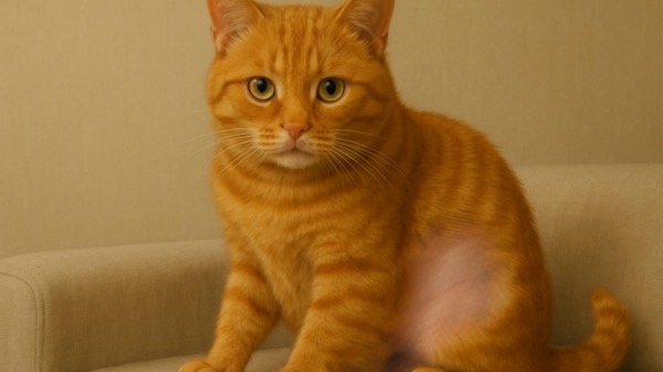 お腹の毛が抜けている猫、ストレスや過剰グルーミングによる脱毛の例